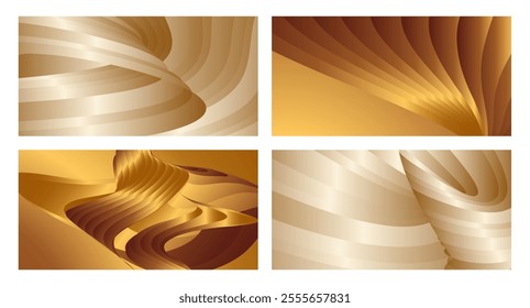 Wavy golden parallel gradient lines, ribbons, silk. Golden with shades of yellow background, banner, poster. Set of 4 backgrounds. Eps vector