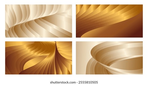 Wavy golden parallel gradient lines, ribbons, silk. Golden with shades of yellow background, banner, poster. Set of 4 backgrounds. Eps vector