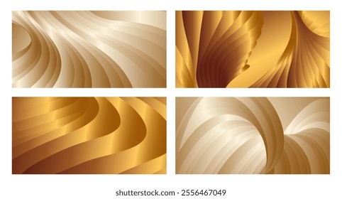 Wavy golden parallel gradient lines, ribbons, silk. Golden with shades of yellow background, banner, poster. Set of 4 backgrounds. Eps vector