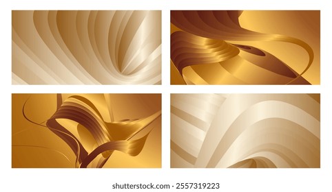 Wavy golden parallel gradient lines, ribbons, silk. Golden with shades of yellow background, banner, poster. Set of 4 backgrounds. Eps vector