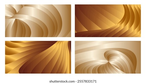 Wavy golden parallel gradient lines, ribbons, silk. Golden with shades of yellow background, banner, poster. Set of 4 backgrounds. Eps vector