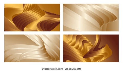 Wavy golden parallel gradient lines, ribbons, silk. Golden with shades of yellow background, banner, poster. Set of 4 backgrounds. Eps vector