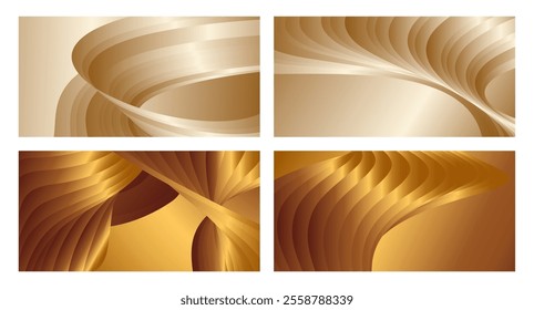 Wavy golden parallel gradient lines, ribbons, silk. Golden with shades of yellow background, banner, poster. Set of 4 backgrounds. Eps vector