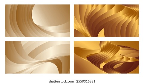 Wavy golden parallel gradient lines, ribbons, silk. Golden with shades of yellow background, banner, poster. Set of 4 backgrounds. Eps vector