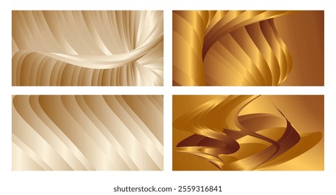 Wavy golden parallel gradient lines, ribbons, silk. Golden with shades of yellow background, banner, poster. Set of 4 backgrounds. Eps vector