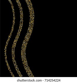 Wavy golden powder background of random scatter golden circles isolated on black.