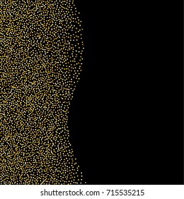 Wavy golden powder background of random scatter golden circles isolated on black.