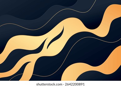 Wavy golden ribbons move across a sleek dark background forming a flowing dynamic abstract art composition