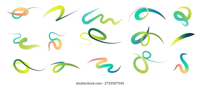 Colección de líneas de gradiente ondulado. Color de moda squiggly y trazos giratorios 
