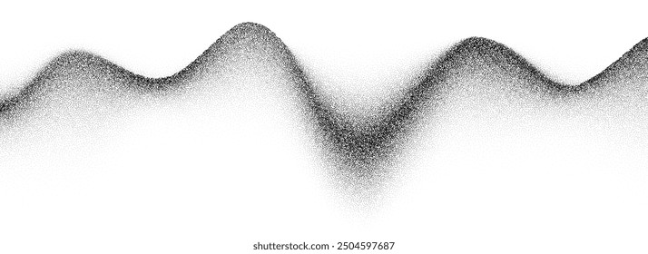 Wavy grain gradient texture. Black stippled flowing line background. Grunge noise dot work wallpaper for banner, poster, brochure. Undulate sandy backdrop with speckles, particles, granules. Vector