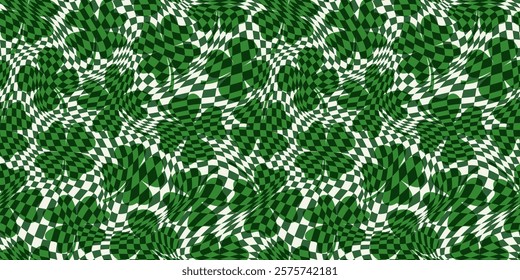 Wavy green check seamless vector pattern with four leaf clovers, Saint Patrick's Day groovy checkered background
