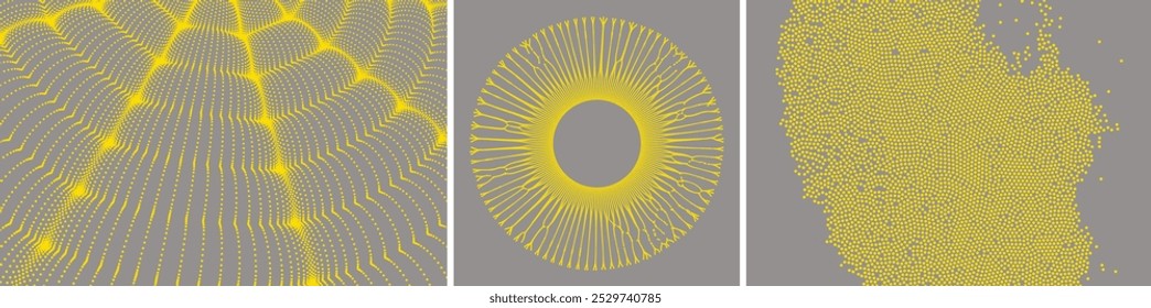 Wellenförmiger Gitterhintergrund. Ein Loch, das aus kleinen Teilchen entsteht, die aus der Mitte streben. Anordnung mit dynamischen Teilchen. Wissenschaftlicher und technischer Hintergrund. Vektor für Cover, Poster, Broschüre, Broschüre. 