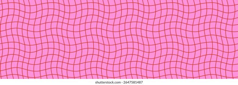 Wavy grid pattern seamless background with red lines on pink creating a retro abstract checkerboard effect. Groovy distorted grid style for fabric, wallpaper, packaging. Drag to swatches panel to use