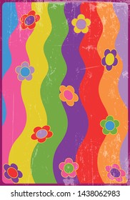 Wavy Groovy Background 1960s Psychedelic Art Style Vintage Colors, Grunge Texture Pattern 