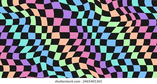 Wellenförmige groovige Checker Vektorgrafik Hintergrund. Holografisches trippisches Rhombus geometrisches nahtloses Muster. Abstrakter psychedelischer Zelldruck Hintergrund der 1970er Jahre.