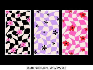 Wavy groovy checkered background with flowers 70s wallpaper vector backdrop for social media instagram stories