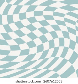 Wavy groovy distorted checkered background. Twisted checker. Warped abstract geometric backdrop rectangle template. Optical Illusion. 70s Hippie pattern cover