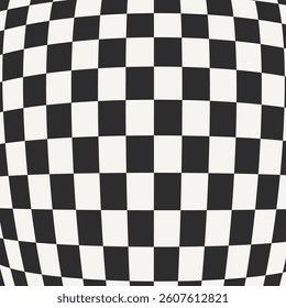 Wavy groovy distorted checkered background. Twisted checker. Warped abstract geometric backdrop rectangle template. Optical Illusion. 70s Hippie pattern cover