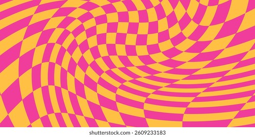 Wavy groovy distorted checkered background. Twisted checker. Warped abstract geometric backdrop rectangle template. Optical Illusion. 70s Hippie pattern cover
