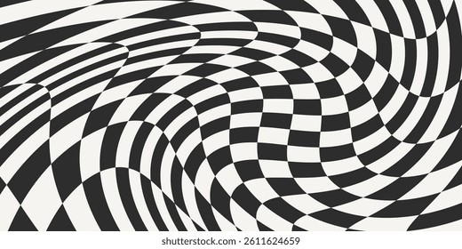 Wavy groovy distorted checkered background. Twisted checker. Warped abstract geometric backdrop rectangle template. Optical Illusion. 70s Hippie pattern cover