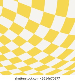 Wavy groovy distorted checkered background. Twisted checker. Warped abstract geometric backdrop rectangle template. Optical Illusion. 70s Hippie pattern cover