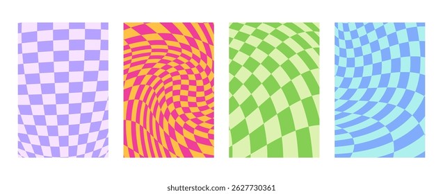 Wavy groovy distorted checkered background set. Twisted checker. Warped abstract geometric backdrop rectangle templates. Hippie patterns pack. 70s covers collection.