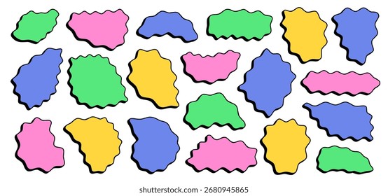 Emblemas de rótulo ondulado groovy definidos com formas orgânicas deformadas. Adesivos curvados de zigue-zague funky vintage com design de vetor gráfico cômico
