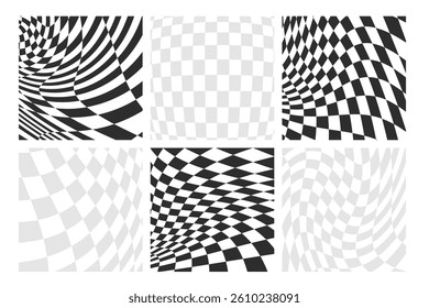Wavy groovy monochrome distorted checkered background set. Twisted checker. Warped abstract geometric backdrop rectangle templates. Hippie patterns pack. 70s covers collection.