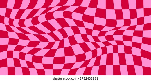 Padrão ondulado groovy. Fundo de distorção psicodélica com grade distorcida e efeito distorcido de ilusão óptica hipnótica. Ilustração em mosaico quadriculado vetorial.