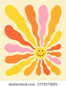 Wellen groovy Sonnengesicht vintage Hintergrund. Abstrakter Psychedelic Retro Sunburst Print. Boho Smile Summer Poster. 70er Jahre Wavy Rays Vektorgrafik. Boho Wave Blumenmotiv Set. Farbiges Retro-Grafikdesign.