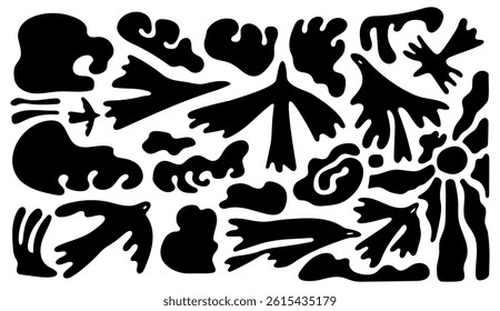 Wavy groovy vector with abstract birds, sun and clouds in black and white — doodles for summer themes, posters, vacation prints, boho designs and digital branding.
