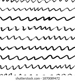 Wavy grunge brush strokes lines. Hand drawn vector seamless pattern. Horizontal curly brush strokes, swirled lines. Black paint geometric ornament for wrapping paper. Dry brushstrokes pattern.