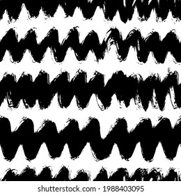 Wavy grunge horizontal lines vector seamless pattern. Curly brush strokes, swirls, bold lines. Black paint hand drawn background. Geometric ornament for wrapping paper. Dry brushstrokes pattern.