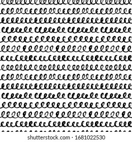 Wavy grunge lines vector seamless pattern. Horizontal brush strokes, swirls, curly lines. Black paint hand drawn background. Geometric ornament for wrapping paper. Dry brushstrokes pattern.