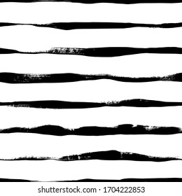 Wavy grunge lines vector seamless pattern. Horizontal brush strokes, straight stripes or lines. Black paint hand drawn background. Geometric ornament for wrapping paper. Dry brushstrokes pattern.