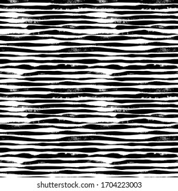 Wavy grunge lines vector seamless pattern. Horizontal brush strokes, straight stripes or lines. Black paint hand drawn background. Geometric ornament for wrapping paper. Dry brushstrokes pattern.