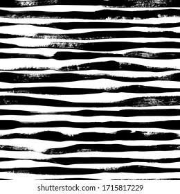 Wavy grunge lines vector seamless pattern. Horizontal brush strokes, straight stripes or lines. Black paint hand drawn background. Geometric ornament for wrapping paper. Dry brushstrokes pattern.