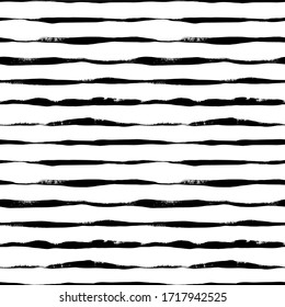 Wavy grunge lines vector seamless pattern. Horizontal brush strokes, straight stripes or lines. Black paint hand drawn background. Geometric ornament for wrapping paper. Dry brushstrokes pattern.