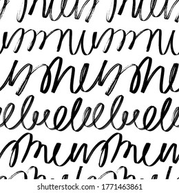 Wavy grunge lines vector seamless pattern. Horizontal brush strokes, swirls, curly lines. Black paint hand drawn background. Geometric ornament for wrapping paper. Dry brushstrokes pattern.