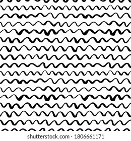 Wavy grunge lines vector seamless pattern. Horizontal brush strokes, swirls, curly lines. Black paint hand drawn background. Geometric ornament for wrapping paper. Dry brushstrokes pattern.