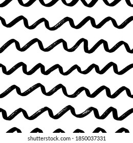 Patrón sin fisuras vectorial de líneas onduladas onduladas. trazos horizontales de pincel, remolinos, líneas de curvas. Fondo dibujado a mano con pintura negra. Ornamento geométrico para papel de envoltura. Patrón de brochas secas.