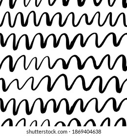 Wavy grunge lines vector seamless pattern. Horizontal brush strokes, swirls, curly lines. Black paint hand drawn background. Geometric ornament for wrapping paper. Dry brushstrokes pattern.