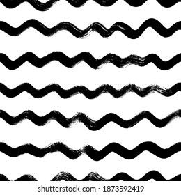 Wavy grunge lines vector seamless pattern. Horizontal brush strokes, swirls, curly lines. Black paint hand drawn background. Geometric ornament for wrapping paper. Dry brushstrokes pattern.