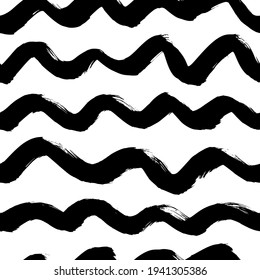Patrón sin fisuras vectorial de líneas onduladas onduladas. trazos horizontales de pincel, remolinos, líneas de curvas. Fondo dibujado a mano con pintura negra. Ornamento geométrico para papel de envoltura. Patrón de brochas secas.
