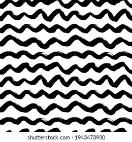 Wavy grunge lines vector seamless pattern. Horizontal brush strokes, swirls, curly lines. Black paint hand drawn background. Geometric ornament for wrapping paper. Dry brushstrokes pattern.