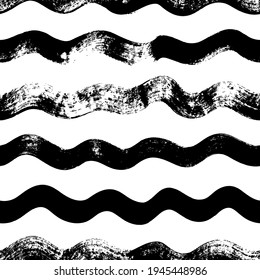 Wavy Grunge Linien Vektor nahtloses Muster. Horizontale Pinselstriche, Schwenken, lockige Linien. Schwarze Farbe, handgezeichnet Hintergrund. Geometrisches Ornament für Verpackungspapier. Trockene Pinselstriche.