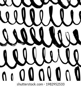 Wavy grunge lines vector seamless pattern. Looped horizontal doodle lines, swirls, curly lines. Black paint hand drawn background. Geometric ornament for wrapping paper. Dry brushstrokes pattern.