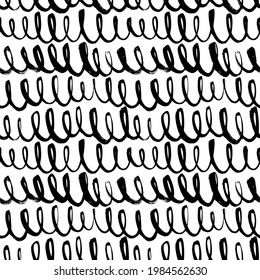 Patrón sin fisuras vectorial de líneas onduladas onduladas. Líneas horizontales de doodle, giros, líneas onduladas. Fondo dibujado a mano con pintura negra. Ornamento geométrico para papel de envoltura. Patrón de brochas secas.