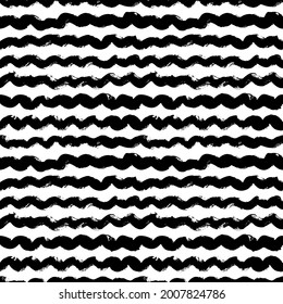 Wavy grunge lines vector seamless pattern. Horizontal brush strokes, swirls, curly lines. Black paint hand drawn background. Geometric ornament for wrapping paper. Dry brushstrokes pattern.