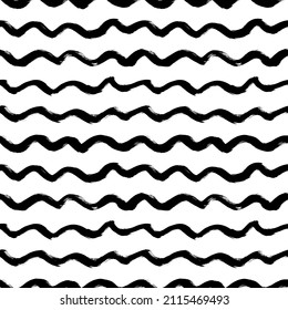 Wavy grunge lines vector seamless pattern. Horizontal brush strokes, swirls, curly lines. Black paint hand drawn background. Geometric ornament for wrapping paper. Dry brushstrokes pattern.